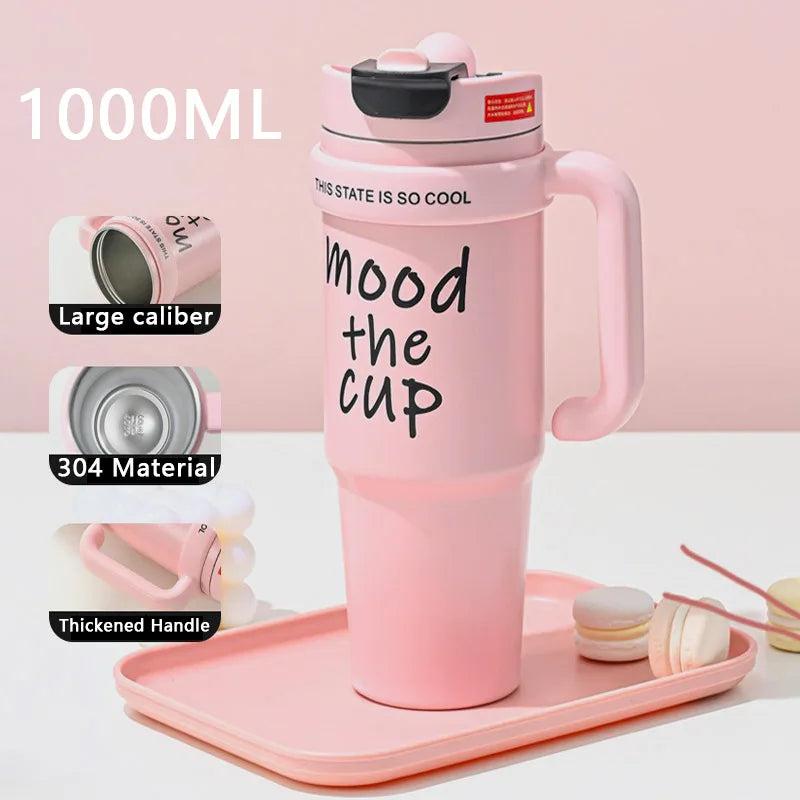 Mood The Cup Insulated Water Bottle, 900 ml, Stainless Steel Tumbler with Handle and Lid & Straw, Double Insulated Cup 100% Leak Proof for Office & Gym
