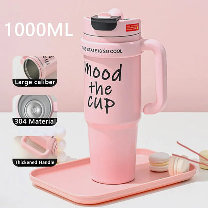Mood The Cup Insulated Water Bottle, 900 ml, Stainless Steel Tumbler with Handle and Lid & Straw, Double Insulated Cup 100% Leak Proof for Office & Gym
