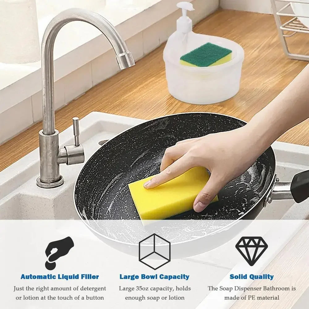 2-in-1 Press Soap Dispenser with Sponge Holder for Organized Kitchen Sink & Easy Dishwashing