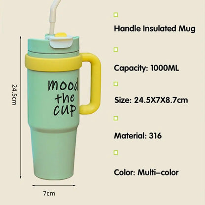 Mood The Cup Insulated Water Bottle, 900 ml, Stainless Steel Tumbler with Handle and Lid & Straw, Double Insulated Cup 100% Leak Proof for Office & Gym