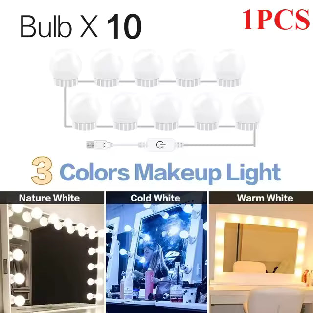 Illuminate Your Beauty: 3-Color 10 LED Bulbs Adjustabel LED Vanity Mirror Lights with USB Power
