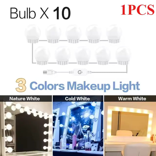 Illuminate Your Beauty: 3-Color 10 LED Bulbs Adjustabel LED Vanity Mirror Lights with USB Power