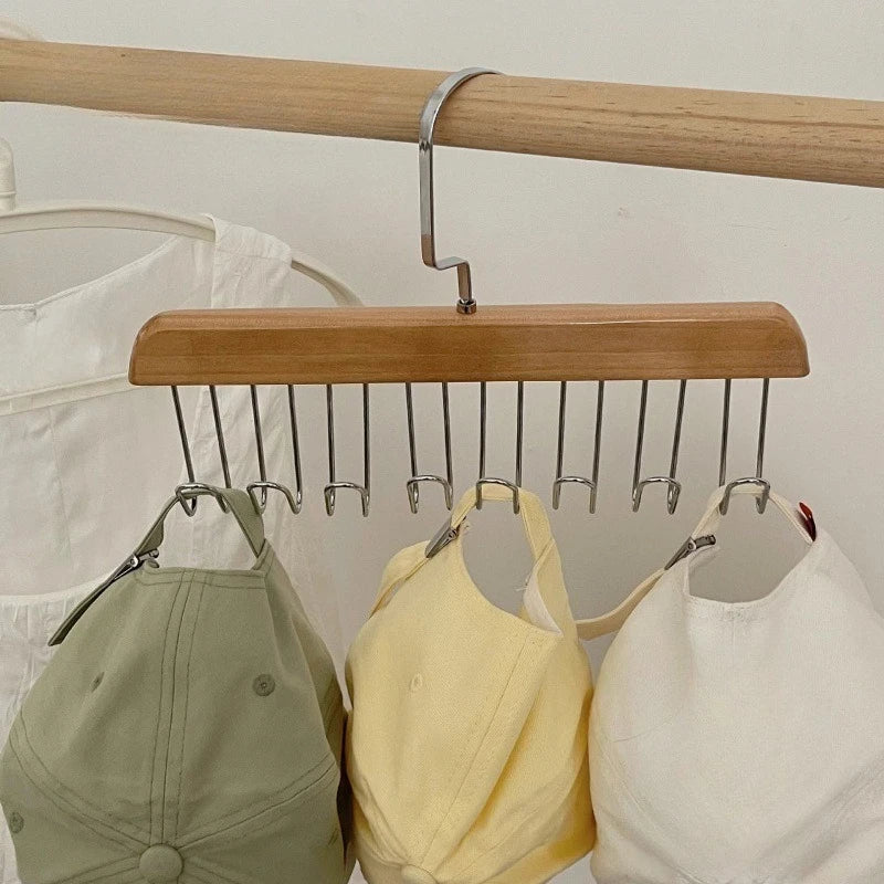 Solid Wood 8-Hook Wall Hanger: Space-Saving Organizer for Belts, Hats, Scarves & Underwear**