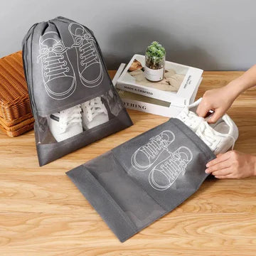Travel Shoe Pouch, Grey Non Woven Fabric Dustproof Drawstring Bag, Breathable Storage Pouch