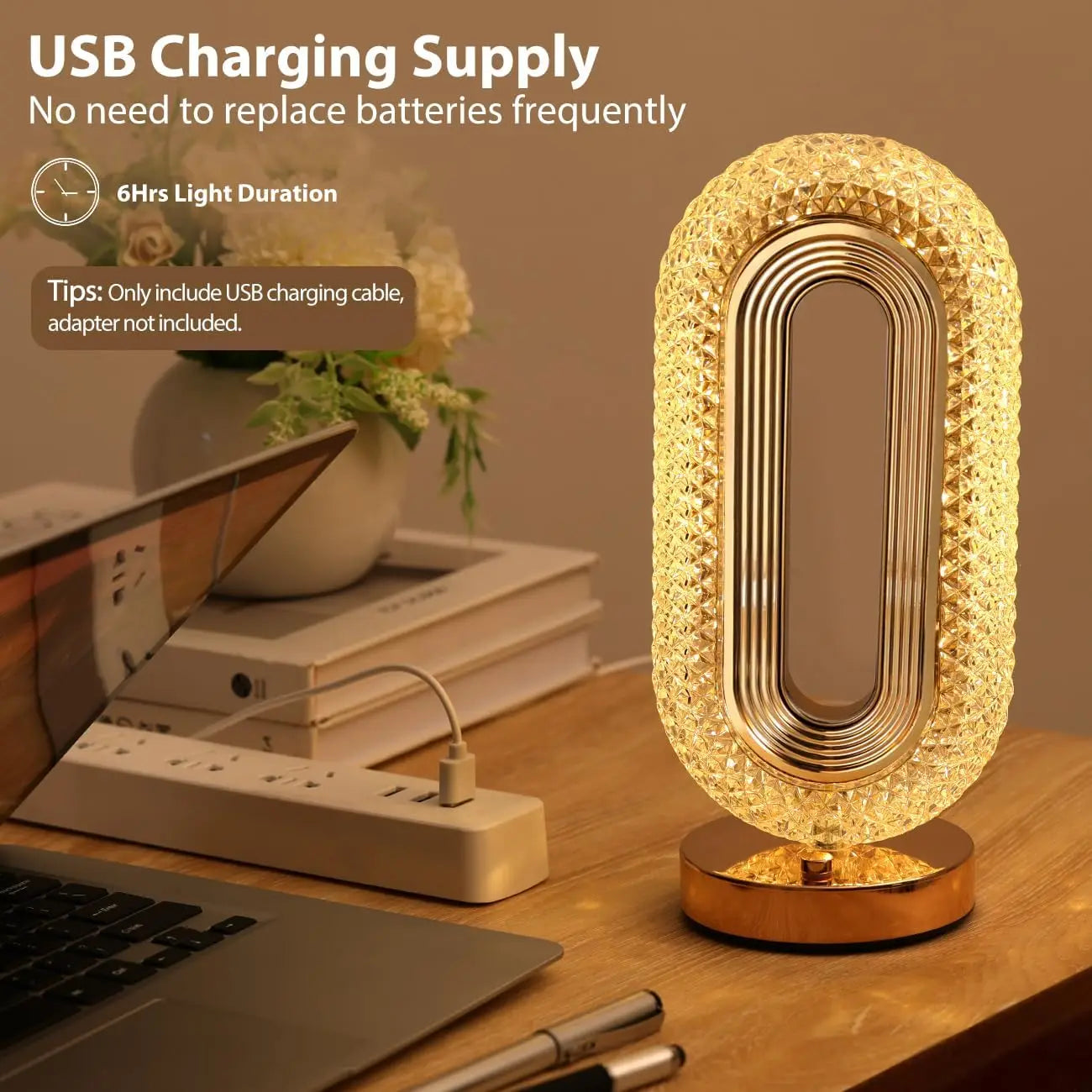 USB Rechargeable Crystal LED Table Lamp with Touch Switch & Bedside Night Light