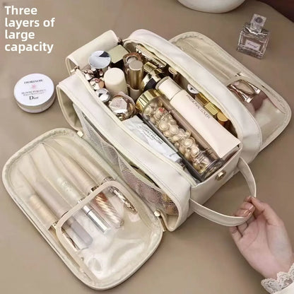 3 Layer Spacious Travel Cosmetic Bag for Women - Large Capacity & Waterproof PU Leather
