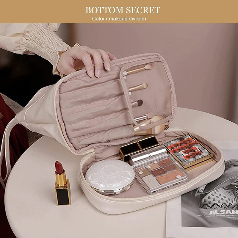 Double Layer Large Capacity Waterproof PU Leather Makeup Bag for Women Travel Organizer