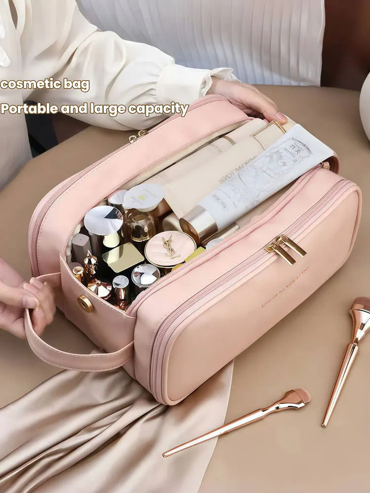 3 Layer Spacious Travel Cosmetic Bag for Women - Large Capacity & Waterproof PU Leather