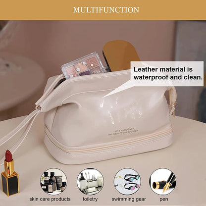 Double Layer Large Capacity Waterproof PU Leather Makeup Bag for Women Travel Organizer
