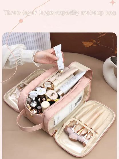 3 Layer Spacious Travel Cosmetic Bag for Women - Large Capacity & Waterproof PU Leather