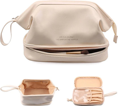 Double Layer Large Capacity Waterproof PU Leather Makeup Bag for Women Travel Organizer