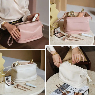 Double Layer Large Capacity Waterproof PU Leather Makeup Bag for Women Travel Organizer