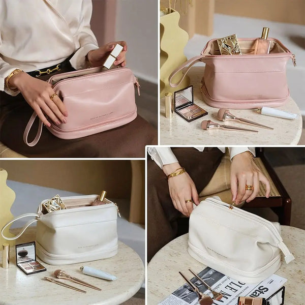 Double Layer Large Capacity Waterproof PU Leather Makeup Bag for Women Travel Organizer