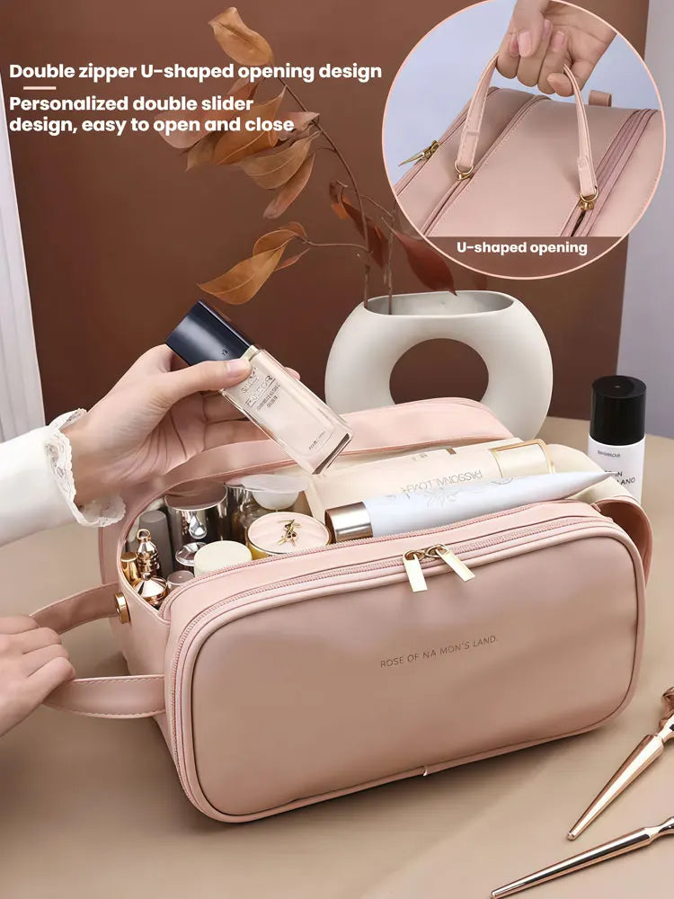 3 Layer Spacious Travel Cosmetic Bag for Women - Large Capacity & Waterproof PU Leather