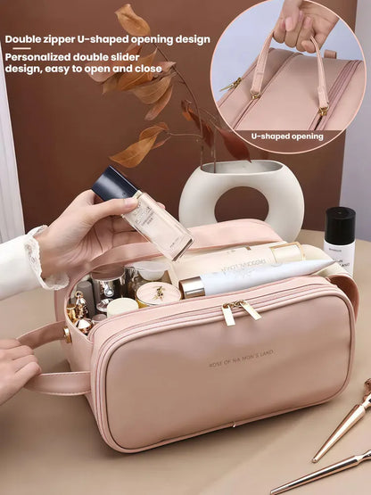 3 Layer Spacious Travel Cosmetic Bag for Women - Large Capacity & Waterproof PU Leather