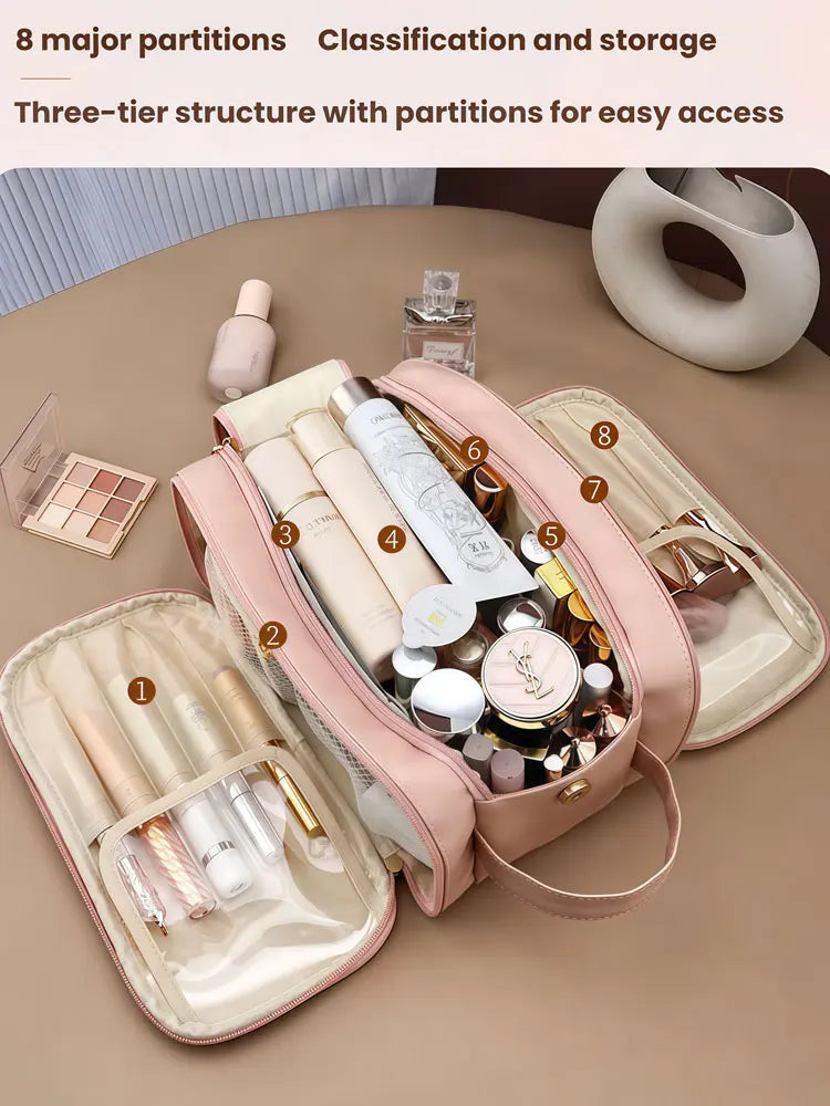 3 Layer Spacious Travel Cosmetic Bag for Women - Large Capacity & Waterproof PU Leather