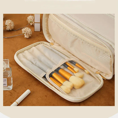 3 Layer Spacious Travel Cosmetic Bag for Women - Large Capacity & Waterproof PU Leather