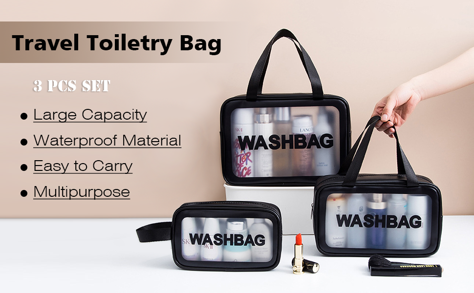 3PCS Clear Toiletry Bags, Wash Bag, Clear PU Makeup Bag Cosmetic Bag