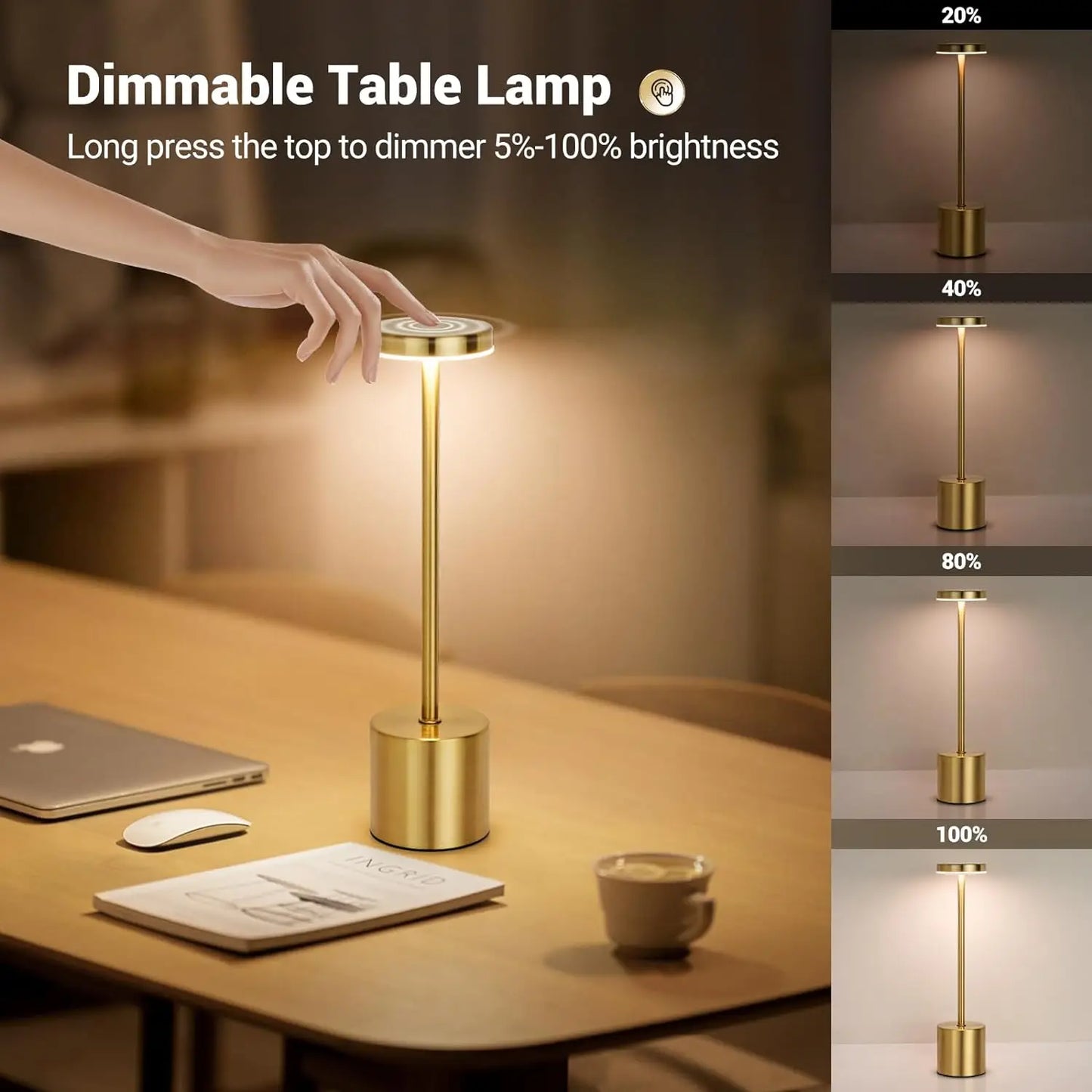 Rechargeable Touch Table Lamp - 3 Color LED Night Light Metal Body Retro Style