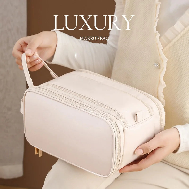 3 Layer Spacious Travel Cosmetic Bag for Women - Large Capacity & Waterproof PU Leather
