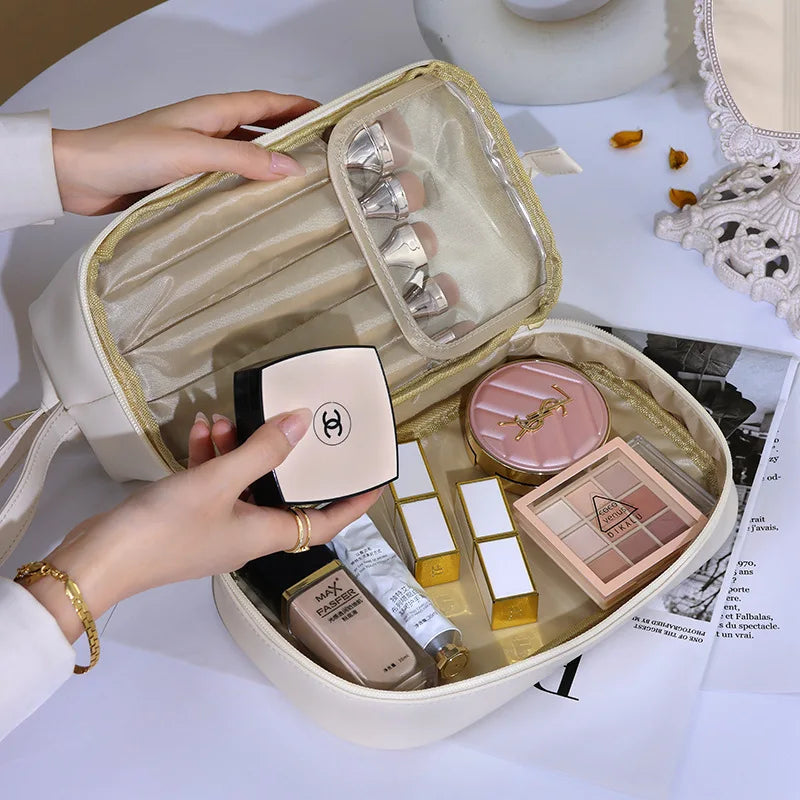 Double Layer Large Capacity Waterproof PU Leather Makeup Bag for Women Travel Organizer