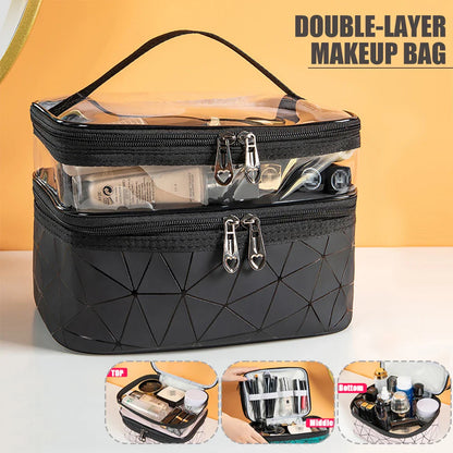 Double Layer Transparent Travel Cosmetic Bag for Organized Skincare & Toiletry Storage