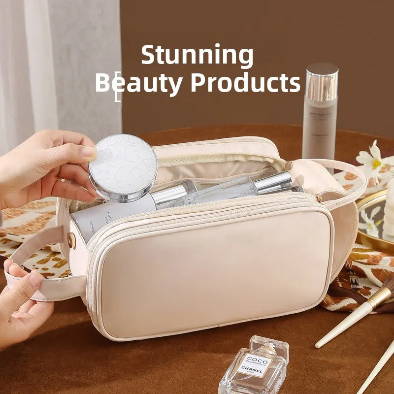3 Layer Spacious Travel Cosmetic Bag for Women - Large Capacity & Waterproof PU Leather