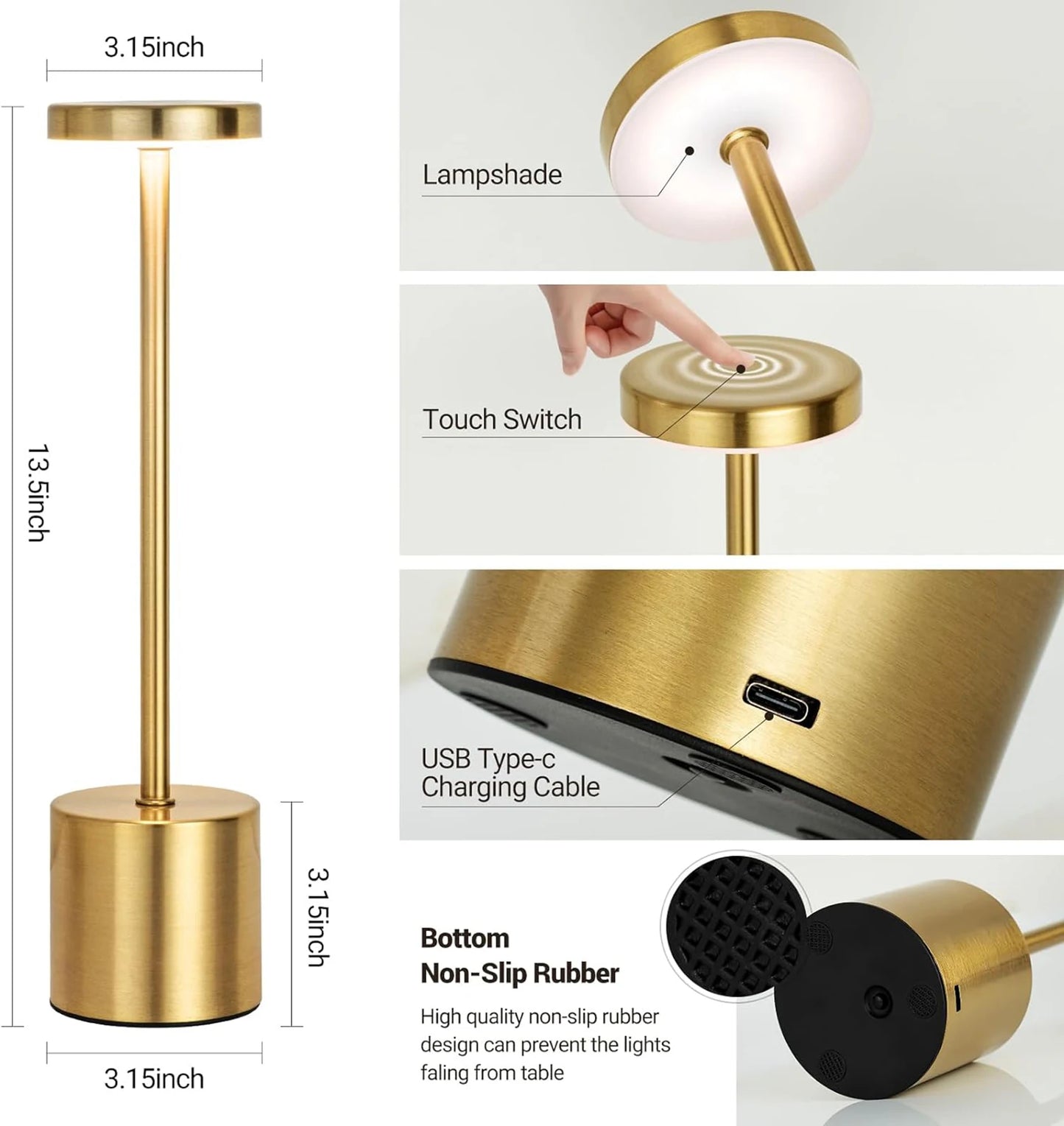 Rechargeable Touch Table Lamp - 3 Color LED Night Light Metal Body Retro Style