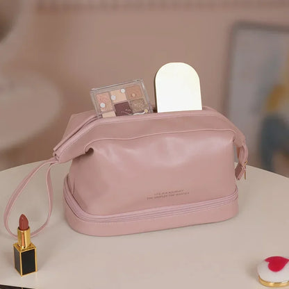 Double Layer Large Capacity Waterproof PU Leather Makeup Bag for Women Travel Organizer