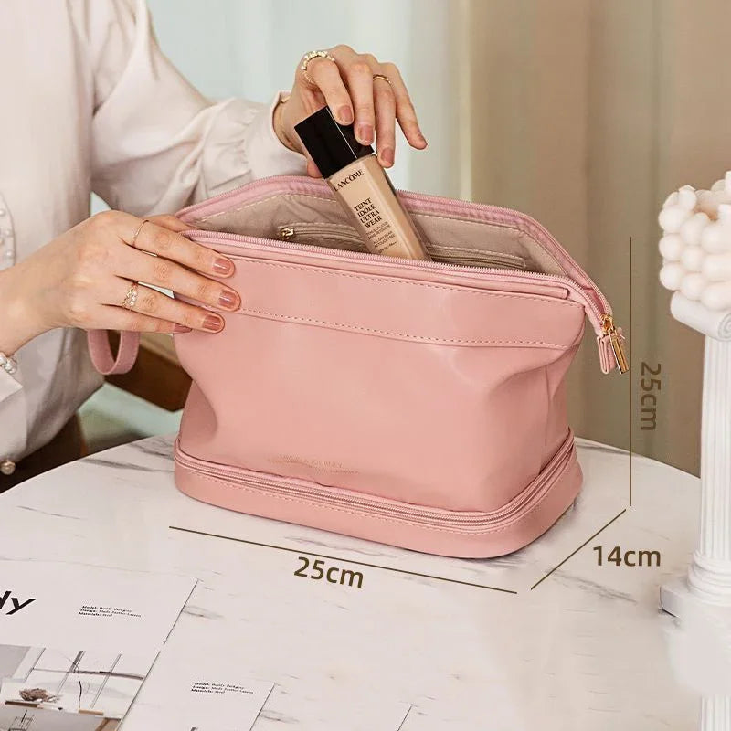 Double Layer Large Capacity Waterproof PU Leather Makeup Bag for Women Travel Organizer