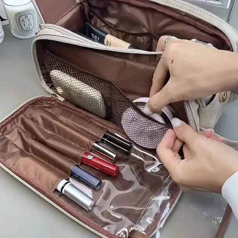 3 Layer Spacious Travel Cosmetic Bag for Women - Large Capacity & Waterproof PU Leather