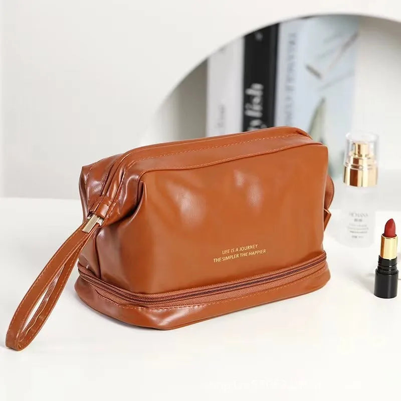 Double Layer Large Capacity Waterproof PU Leather Makeup Bag for Women Travel Organizer