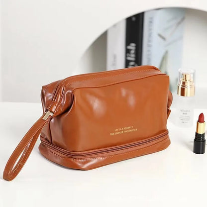 Double Layer Large Capacity Waterproof PU Leather Makeup Bag for Women Travel Organizer
