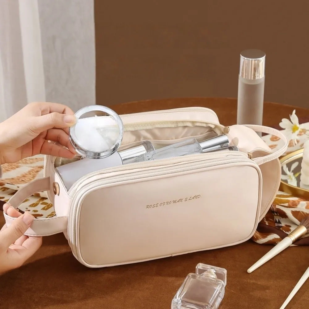 3 Layer Spacious Travel Cosmetic Bag for Women - Large Capacity & Waterproof PU Leather