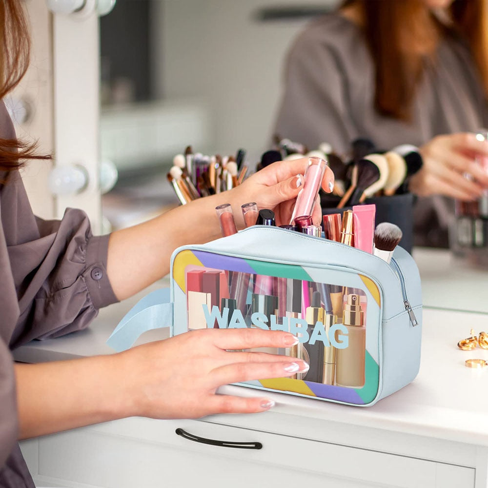 3 PEC PU Leather Transparent Waterproof Makeup Bag for Travel Toiletry Organization