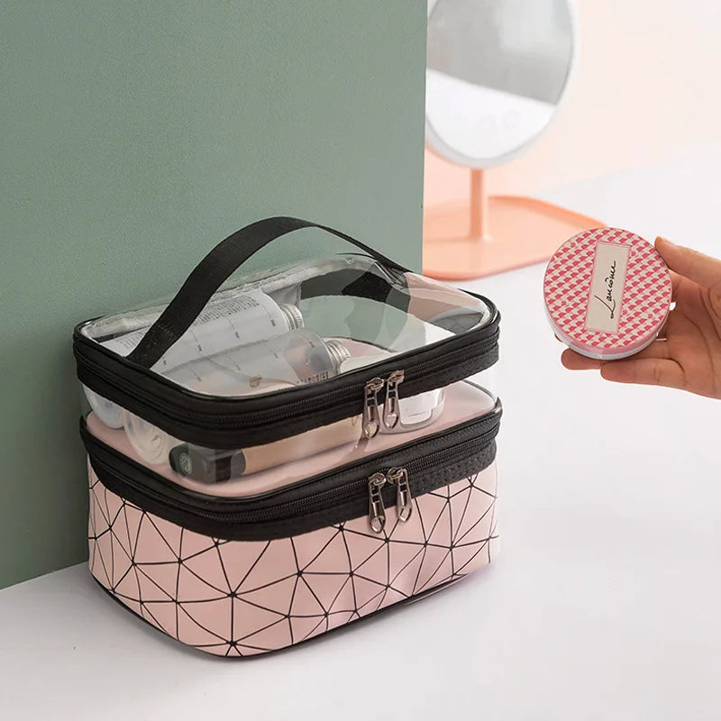 Double Layer Transparent Travel Cosmetic Bag for Organized Skincare & Toiletry Storage