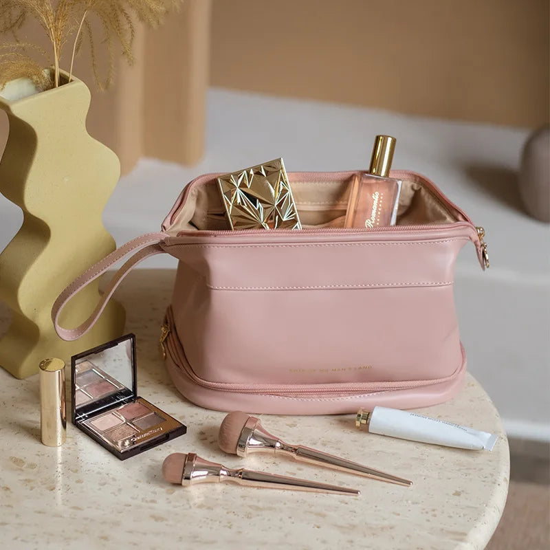 Double Layer Large Capacity Waterproof PU Leather Makeup Bag for Women Travel Organizer