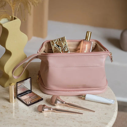 Double Layer Large Capacity Waterproof PU Leather Makeup Bag for Women Travel Organizer