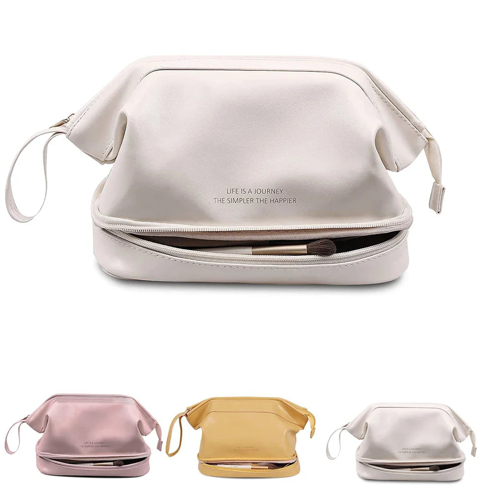 Double Layer Large Capacity Waterproof PU Leather Makeup Bag for Women Travel Organizer