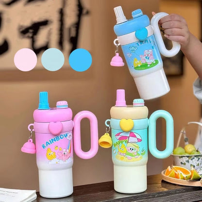STAINLESS STEEL CUTE KAWAI PRINTED INSULATED TUMBLER SIPPER WITH STRAW AND HANDLE  850 ML