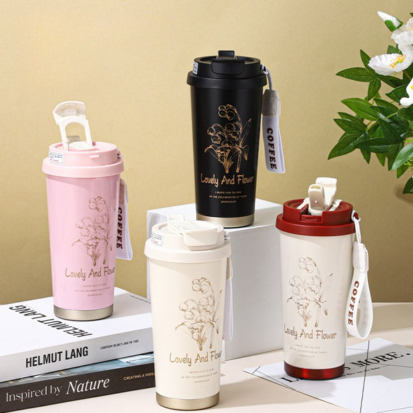 530ml/18oz Sipper + Coffee Cup with Straw 316 Stainless Steel Water Bottle Portable Coffee Mugs Inssulated Tumbler Vaccum Flask