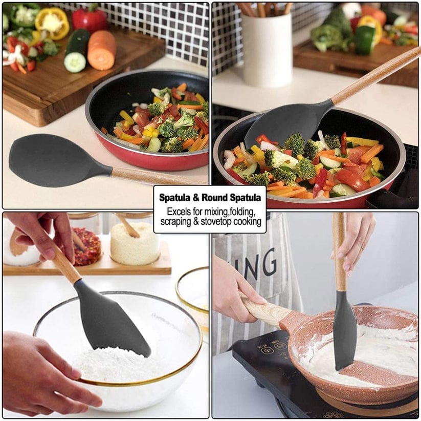 12 Pcs Silicone Kitchen Set Wooden Handle and Storage Box.