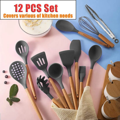 12 Pcs Silicone Kitchen Set Wooden Handle and Storage Box.