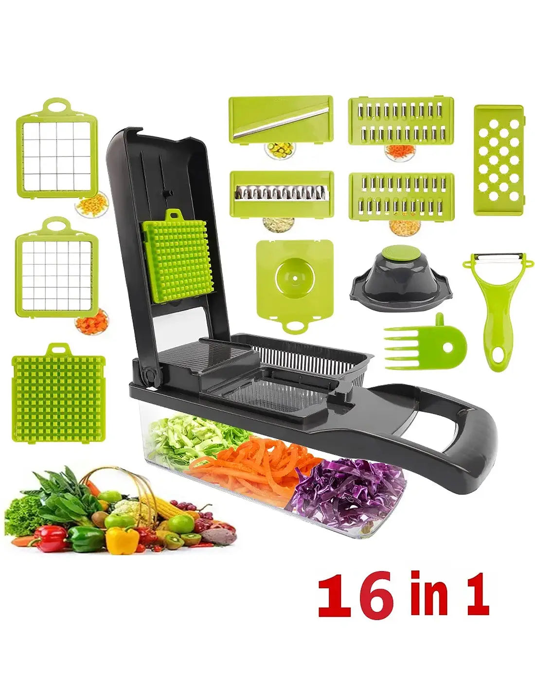 16  in 1 Multifunctional Vegetable Chopper, Cutter, Dicer & Slicer with 8 Interchangeable Blades